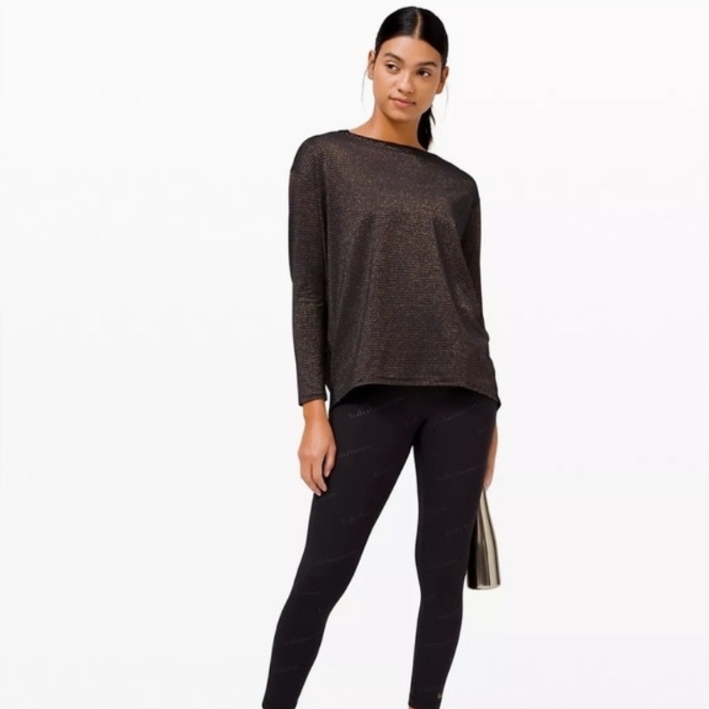 lululemon athletica Metallic Black Boatneck Long Sleeve Top